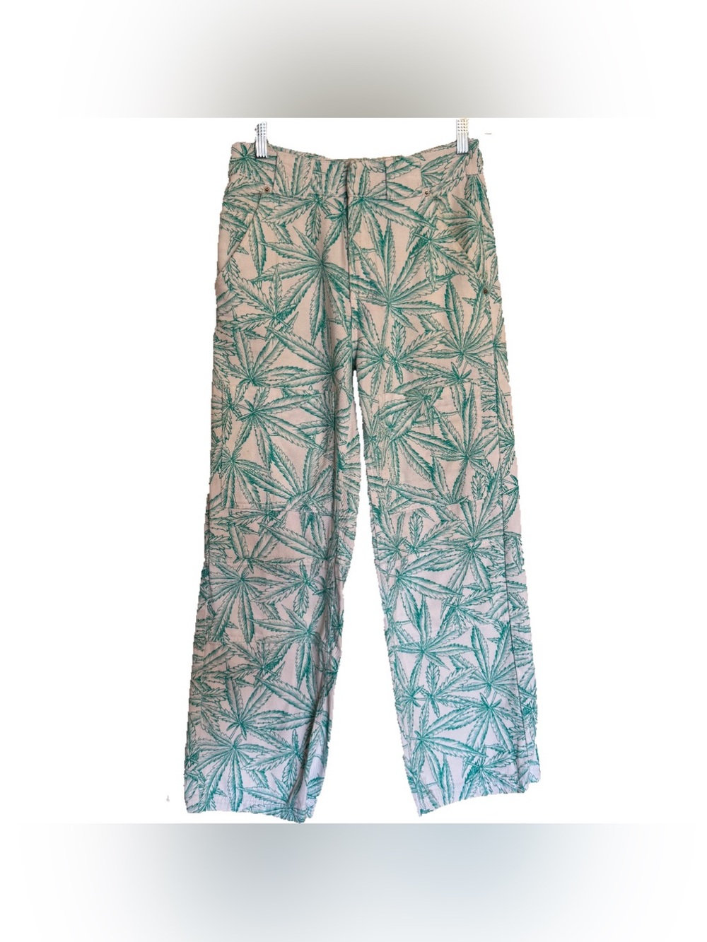 BDG Urban Outfitter White Cargo Jean Pants Green Leaf Novelty Print Wide Leg 27